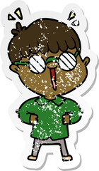distressed sticker of a cartoon boy wearing spectacles