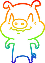 rainbow gradient line drawing of a nervous cartoon pig