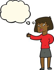 cartoon woman explaining with thought bubble