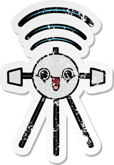 distressed sticker of a cute cartoon satellite