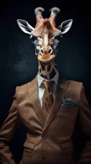 Giraffe dressed in an elegant suit with a nice tie, confident and classy. Fashion portrait of an anthropomorphic animal posing with a charismatic human attitude © mozZz