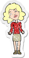 retro distressed sticker of a cartoon woman shrugging shoulders