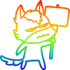 rainbow gradient line drawing of a cartoon annoyed wolf