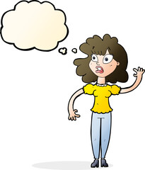 cartoon worried woman waving with thought bubble
