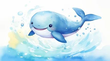 Fototapeten watercolor painting of cute whale in the ocean background © pasakorn
