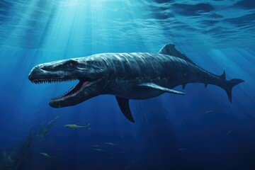 Fototapeta premium Aquatic Mosasaurus Dinosaur. Сoncept Underwater Exploration, Prehistoric Creatures, Deep Sea Adventure, Ancient Sea Monsters