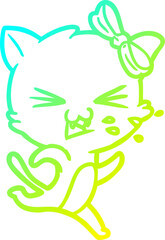 cold gradient line drawing of a cartoon cat