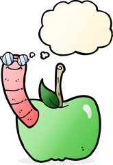 cartoon apple with worm with thought bubble