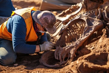 Careful Excavation Of Ancient Dinosaur Bones By Skilled Archaeologist
