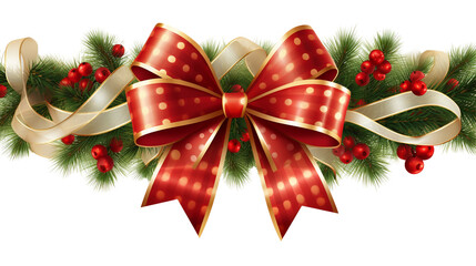 Christmas tree border with golden fir branches red bow and berry transparent background, PNG