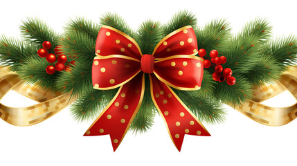 Christmas tree border with golden ribbon branches red bow gold rim transparent background, PNG