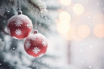 Fototapeta na wymiar Closeup Of Christmas Tree With Balls On Snowy Background