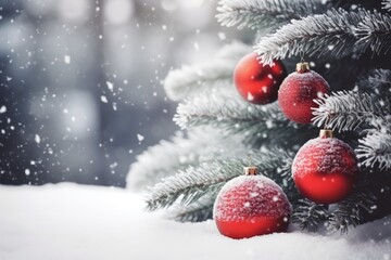 Fototapeta na wymiar Closeup Of Christmas Tree With Balls On Snowy Background. Сoncept Festive Holiday Decor, Winter Wonderland, Ornamented Christmas Tree, Seasonal Delight, Snowy Christmas Bliss