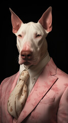 Bull Terrier dog dressed in an elegant pink suit, standing as a confident leader and a powerful businessman. Fashion portrait of an anthropomorphic animal posing with a charismatic human attitude © mozZz