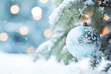 Fototapeta na wymiar Closeup Of Christmas Tree With Balls On Snowy Background
