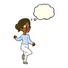 cartoon friendly woman waving with thought bubble