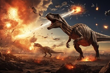 Dinosaurs Extinct With Meteorite Falling, Artwork - obrazy, fototapety, plakaty