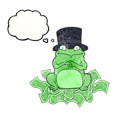 freehand drawn thought bubble textured cartoon rich frog in top hat