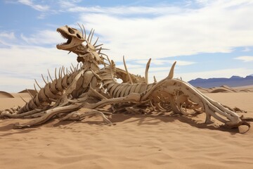 Enormous Dragon Skeleton Partially Buried In Desert Sands. Сoncept Urban Exploration, Abandoned Buildings, Street Art, Graffiti, Underground Tunnels