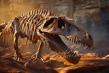 Fototapeta na wymiar Fossilized Dinosaur Skeleton, Remnants Of Ancient Life
