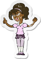 retro distressed sticker of a cartoon woman with idea