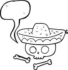 freehand drawn speech bubble cartoon skull in mexican hat