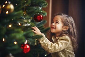 Happy Girl Decorating Tree, Christmas Holiday Concept