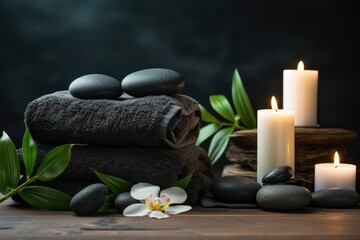 Hot Stone Massage Setting With Towel, Candles, And Stones