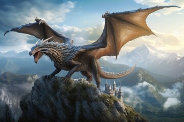 Majestic Dragon Perched Atop Mountain In Sprawling Fantasy World