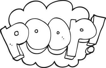 freehand drawn black and white cartoon poop! text