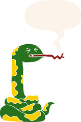 cartoon hissing snake with speech bubble in retro style