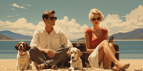 A man and a woman wearing sunglasses seated on the beach with their dogs. Behind them their luggage and a lake with mountains. Made with Generative AI.