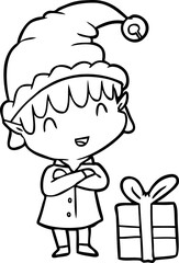 line drawing of a happy christmas elf