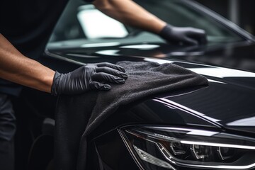 Man Detailing Black Car With Microfiber Cloth. Сoncept Automotive Detailing, Car Care, Microfiber Cloth, Black Car, Shine And Polish