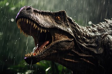 Predator Dinosaur Roaring In Wet Rainforest