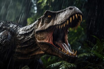 Fototapeta premium Predator Dinosaur Roaring In Wet Rainforest. Сoncept Sunset Beach Wedding, Urban Cityscape, Nature Hiking Adventure, Pet Portraits, Automotive Photography