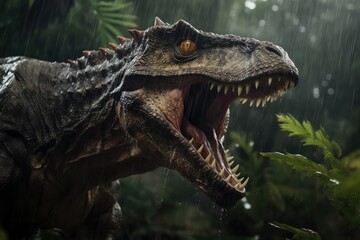 Fototapeta premium Predator Dinosaur Roaring In Wet Rainforest