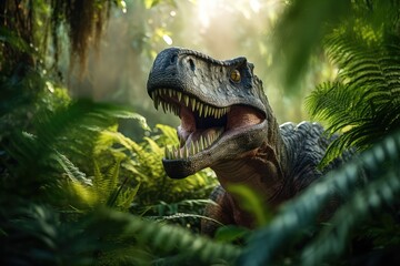 Smiling Predator Dinosaur In Jungle Setting. Сoncept Morning Sunrise Over Mountains, Seaside...