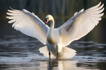 Swan Gracefully Glides With Wings Wide Open