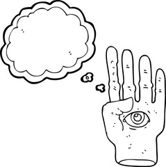freehand drawn thought bubble cartoon spooky hand with eyeball