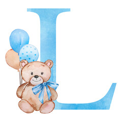Blue letter L with watercolor teddy bear