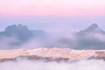Deurstickers Surreal stone podium outdoors on clouds in soft blue sky pink pastel misty mountain nature landscape.Beauty cosmetic product placement pedestal present display,spring summer paradise dreamy concept. © 52Ps.Studio