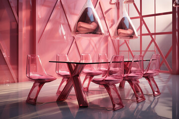 A modern design pink high tech interior dining room with glass table and chair, homey,  AI generative