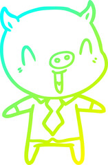 cold gradient line drawing of a happy cartoon pig wearing shirt and tie
