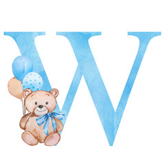 Blue letter W with watercolor teddy bear