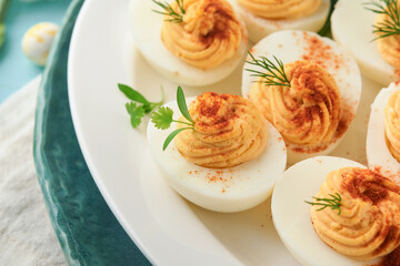 Stuffed or deviled eggs with paprika and parsley on blue plate for easter table. Traditional dish for Easter. Healthy diet food for breakfast. Top view, flat lay.