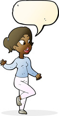 cartoon friendly woman waving with speech bubble