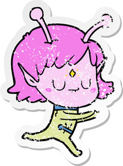 distressed sticker of a cartoon alien girl