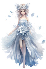 Winter fairy in the blue sparkling dress, fairytale watercolor illustration isolated with a transparent background, cute fairy girl fashion design