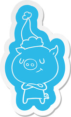 happy quirky cartoon  sticker of a pig wearing santa hat